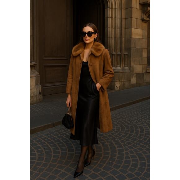 60s Handmade Suede & Fur Swing Coat | Caramel Latte MCM Vintage, Italian Dream - Picture 7 of 13